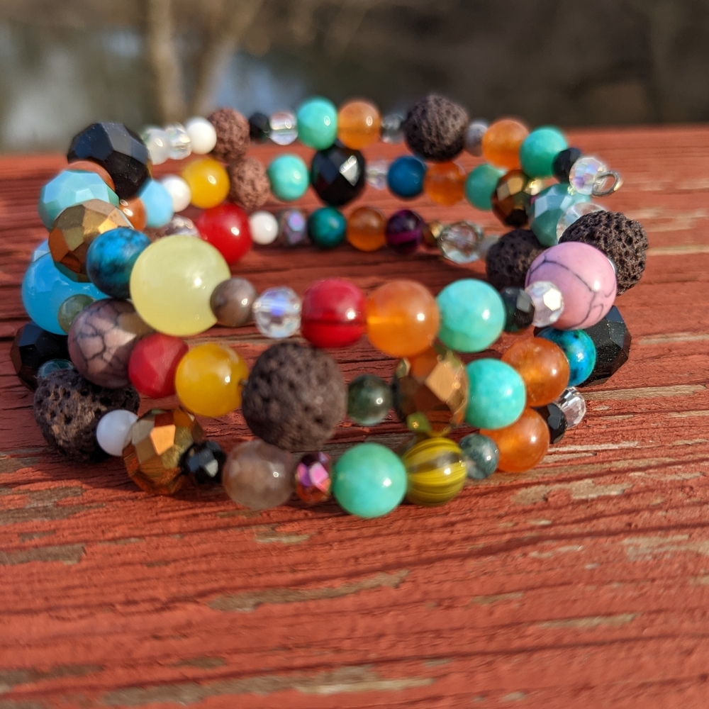 NEW LAVA STONE CRYSTALS Bracelet Gemstone Handmade Coil Wrapped Wire Colorful - Picture 7 of 8